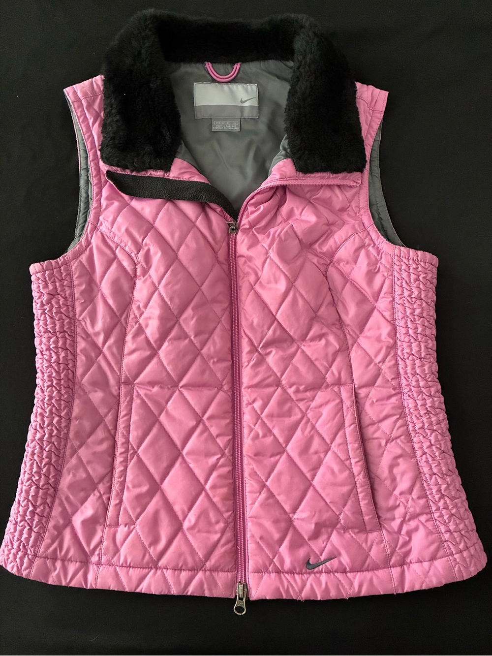 Nike Pink Quilted Puffer Vest Black Faux Fur Collar - Medium (8-10)